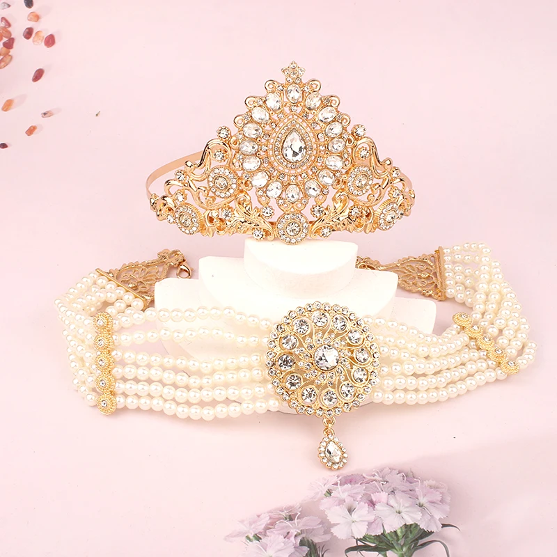 

Women's Jewelry Set Algeria Wedding Jewelry Bridal Crown Tiara Beads Necklace Neck Chain Elegant Womens Necklaces Luxury Quality