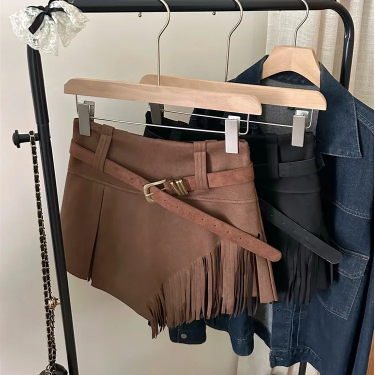 

High Waist A-Line Skirt Women's Autumn Vintage Design Irregular Deer Velvet Tassel Belted Wrap around Skirt Commute Sle