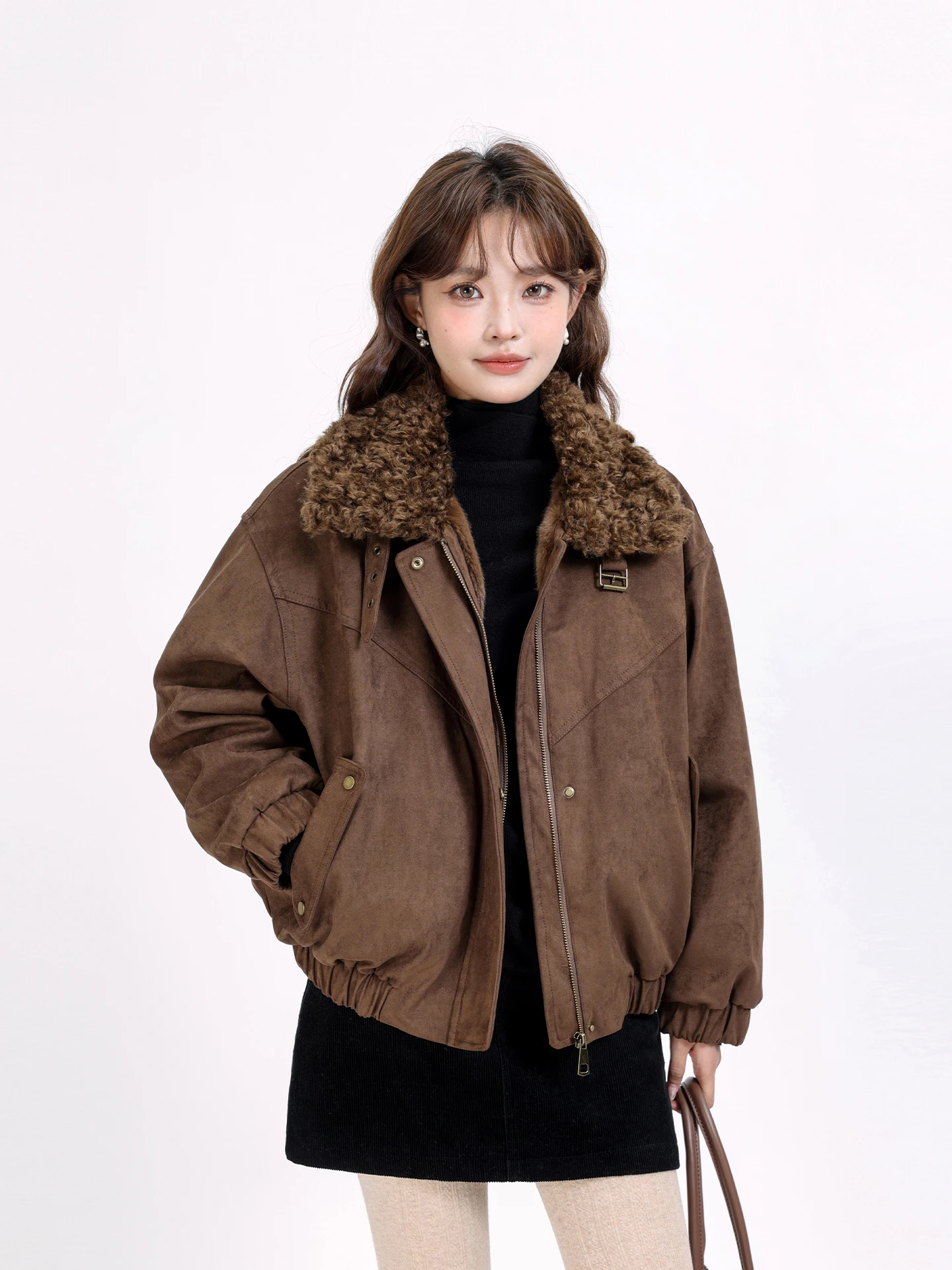 Unique Design Suede Fur Jacket Women's Coffee Collar Zipper Warmth Short Coat American Style Standard Version Fleece Lined