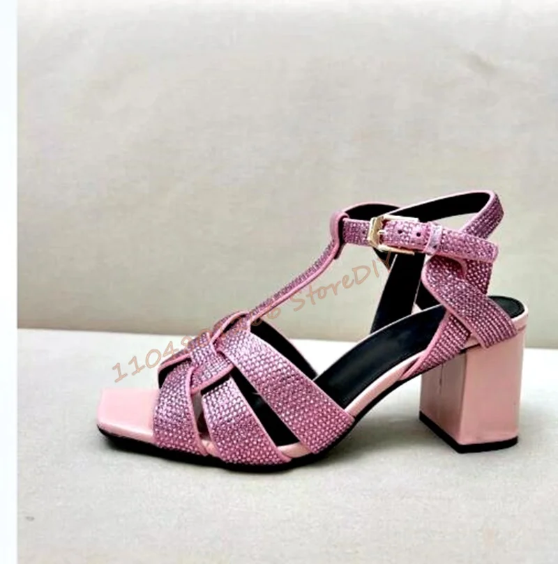 Real Picture Rhinestone Leather Cross Strap 65Mm Block Heeled Sandals Women Shoes Chunky Heels Women High Heel Square Toe Shoes