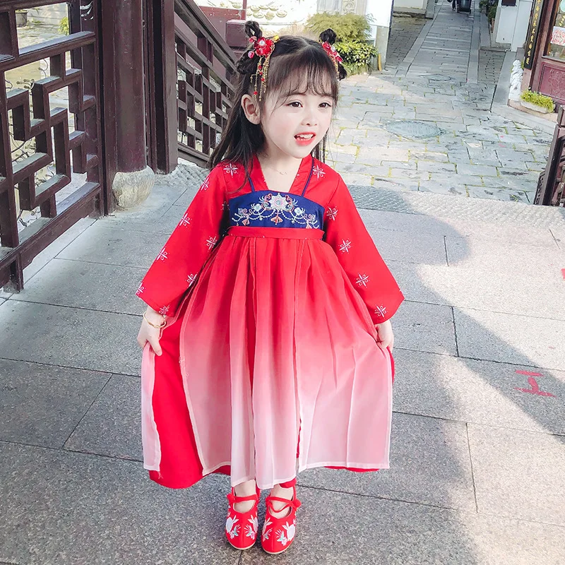 소녀 봄 가을 새로운 고대 자수 Hanfu 중국 스타일의 전통 드레스 아이 파티 저녁 성능 Vestido 의상