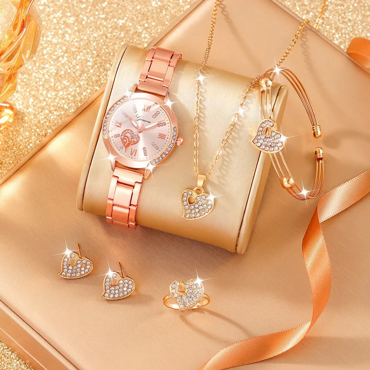 6Pcs Ladies Fashion Simple Designer Star Roman Rhinestone Steel Band Quartz Watch Luxury Pearl Rhinestone Love Jewelry Set