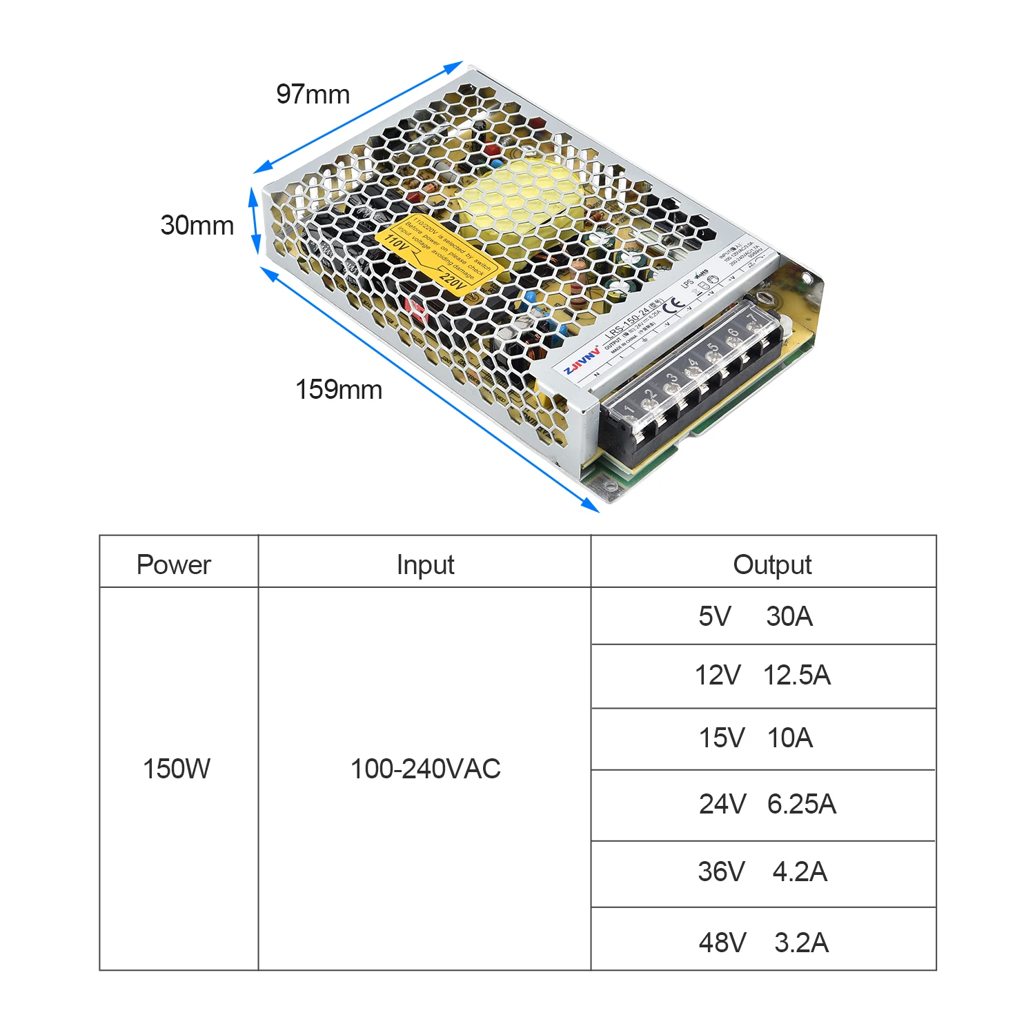 ZJIVNV 150W Slim Switching Power Supply LRS-150-12 LRS-150-24 12V 24V Regulated Power Source for CNC Security CCTV