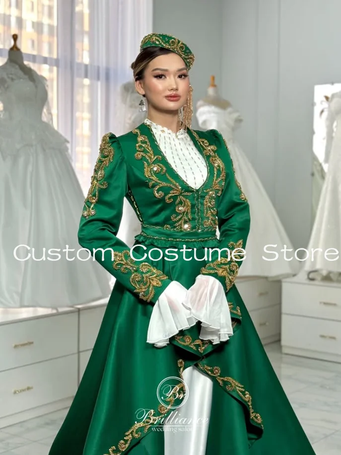 White Green Traditional Caucasian Bride Wedding Dresses with Long Sleeve Jacket Gold Embroidery Bridal Gown Outfit Customized
