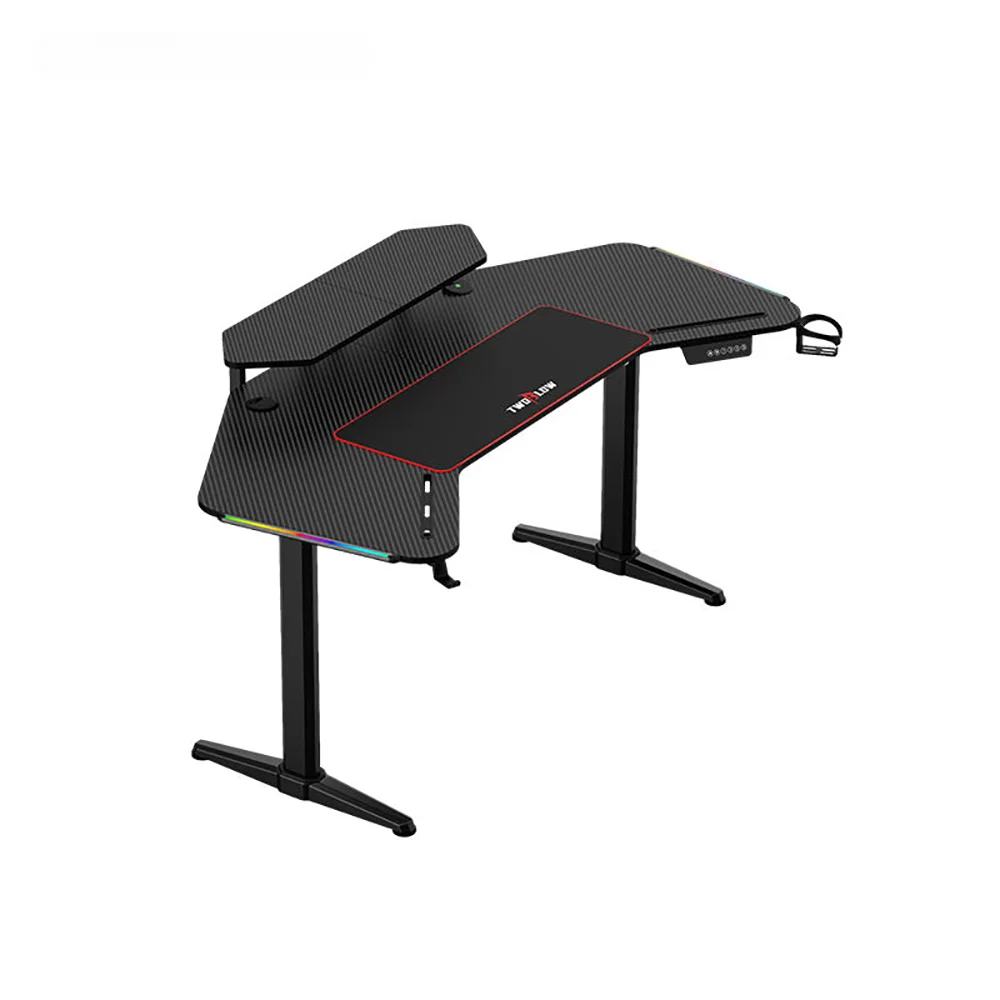 

#Carbon Fiber Textured Desktop Height Adjustable Desk RGB Led Ergonomic Gaming Table Corner Computer Gaming Desk