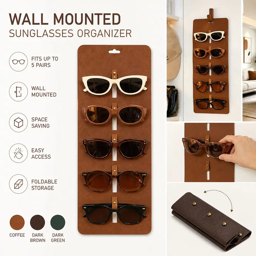 Leather Sunglasses Organizer Wall Mounted Foldable Eyeglasses Holder Solid Multi-Slot Glasses Storage Hanger
