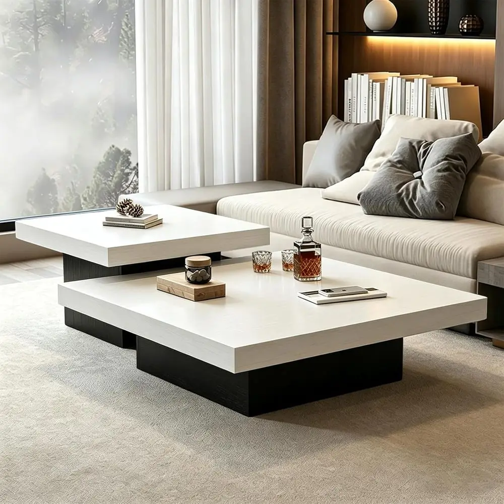 

2-Piece Coffee Table Set, Square Tables with Side Table, Full Floor Structure, Wooden Living and Office Use