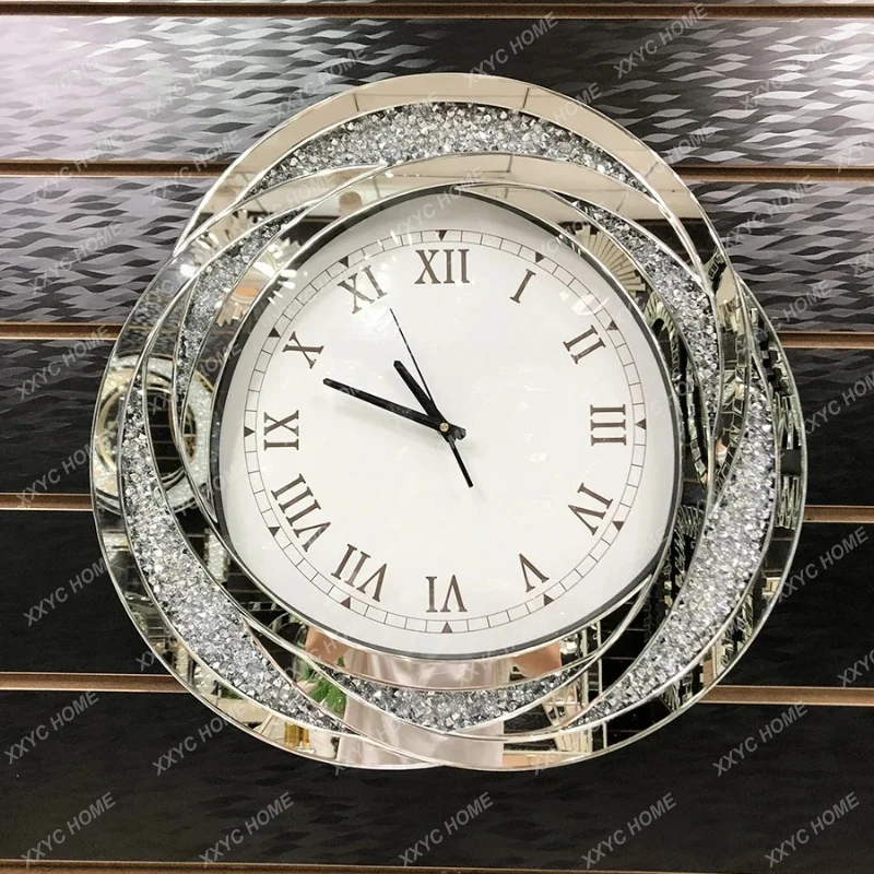 Living Room Fashion Decorative Wall Clock Restaurant Light Luxury Home Creative Glass Inlaid Diamond Art Clock Mirror Sticker
