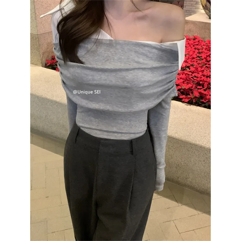 Fake Two-Piece Strapless Pleated Casual Long-Sleeved T-Shirt Women 2025 Winter New Streetwear Contrast Color Patchwork Slim Tops