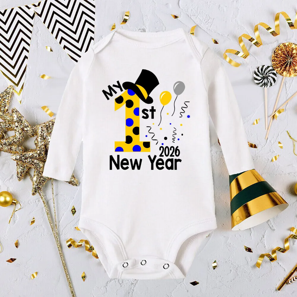 بلدي 1st السنة الجديدة الوليد الطفل رومبير مرحبا 2026 السنة الجديدة الأبيض طويلة الأكمام طفل Playsuits السروال القصير صبي فتاة الملابس