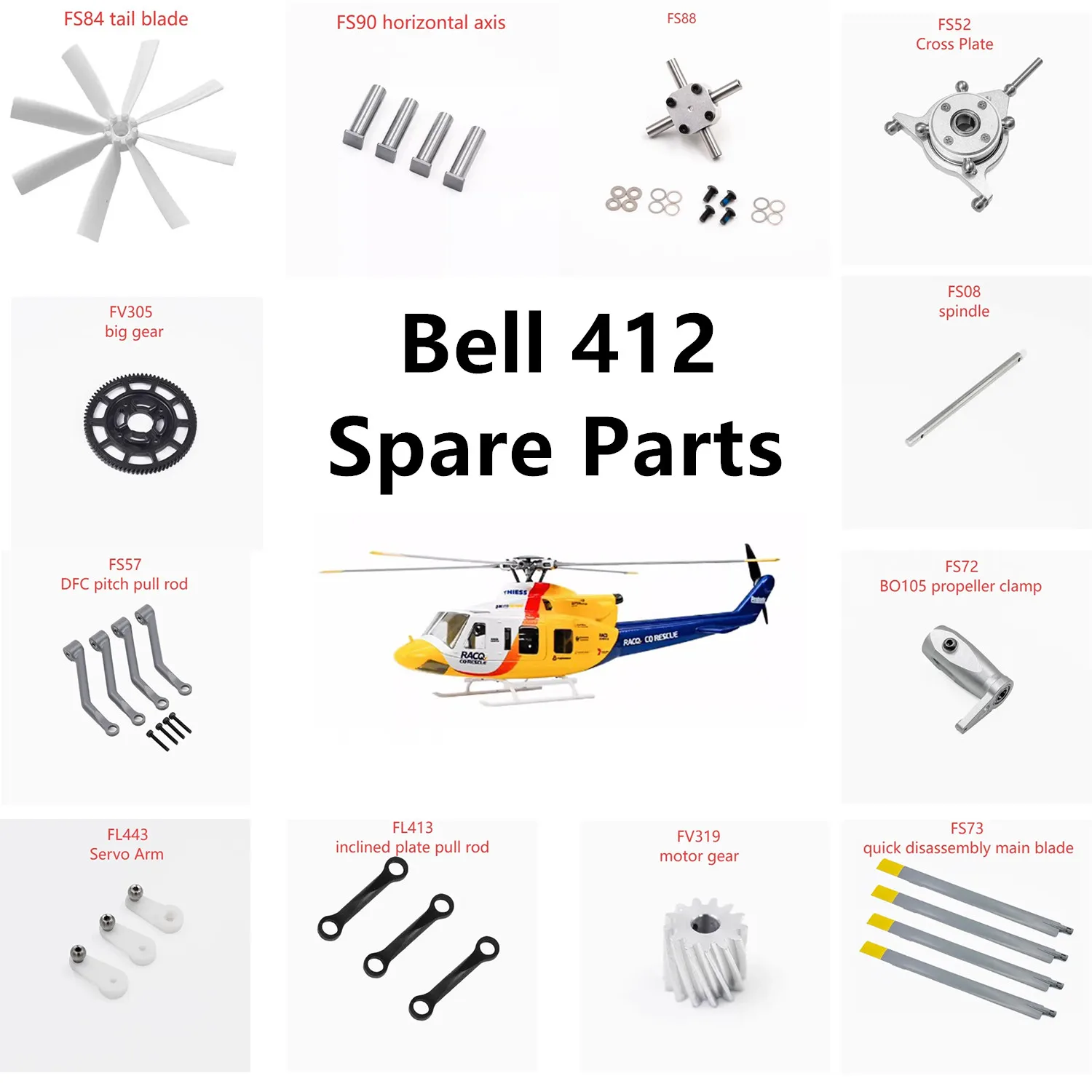 FLYWING Bell 412 RC Helicopter Spare Parts Blade Motor Gear Servo Arm Pull Rod Main Shaft Cross Plate Paddle Clamp