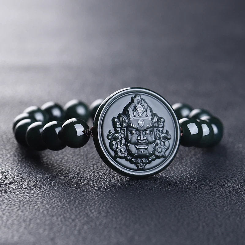 Natural Hotan Black Cyan Jade Hand-carved 10mm Beads Yellow God of Wealth Bracelet Fashionable Men's Women's Accessories Gifts