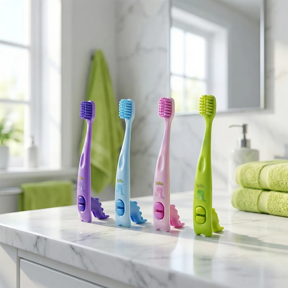 2pcs Cartoon Suction Cup Standing Base Kids Superfine Soft Toothbrush for aged 3-12 Training Deciduous Teeth Toothbrush