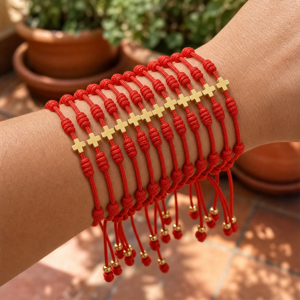 12pcs Stacked Red Cotton Rope Cross Charm Bracelet with Gold Tone Copper Charm Christian Adjustable Unisex Wristband