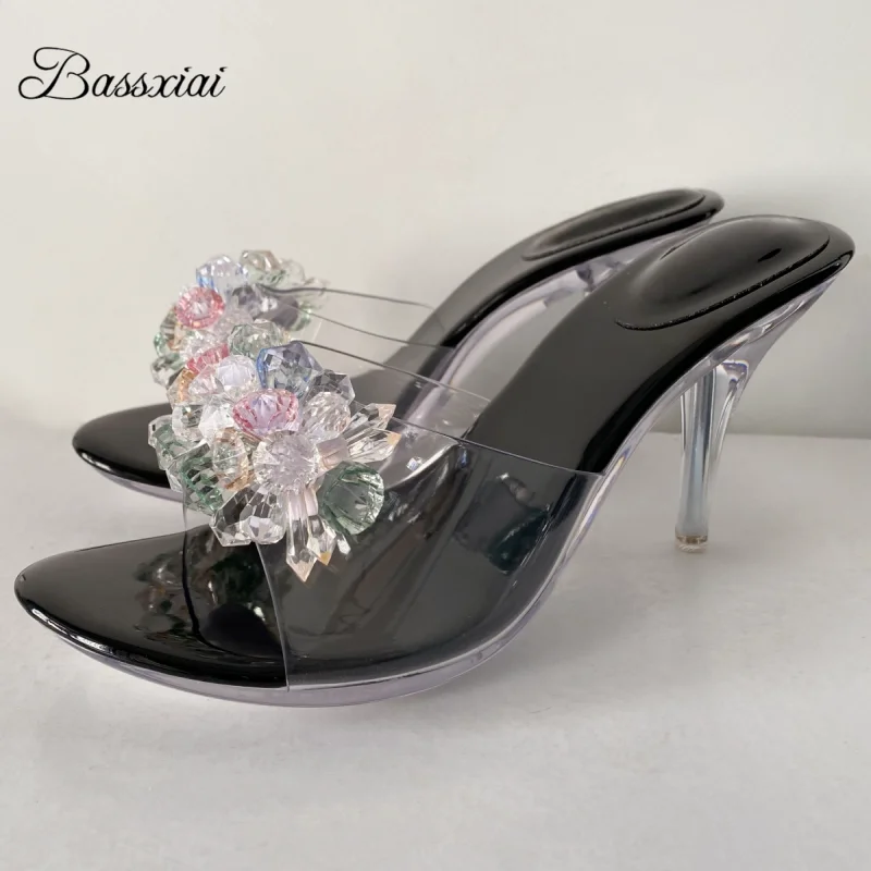 

Unique Clear Crystal Spike Heel Summer Mules Transparent PVC Sexy Open Toe Slingbacks Rhinestone Beads Flower Sandals Women