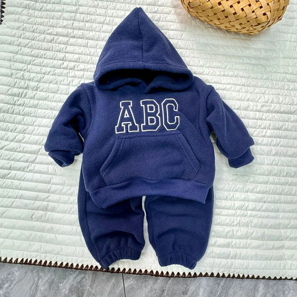 2Pcs Autumn Unisex Baby Clothes Letter Print Long sleeve Hooded and Elastic Pants Solid Color Lambskin Baby outfit sets