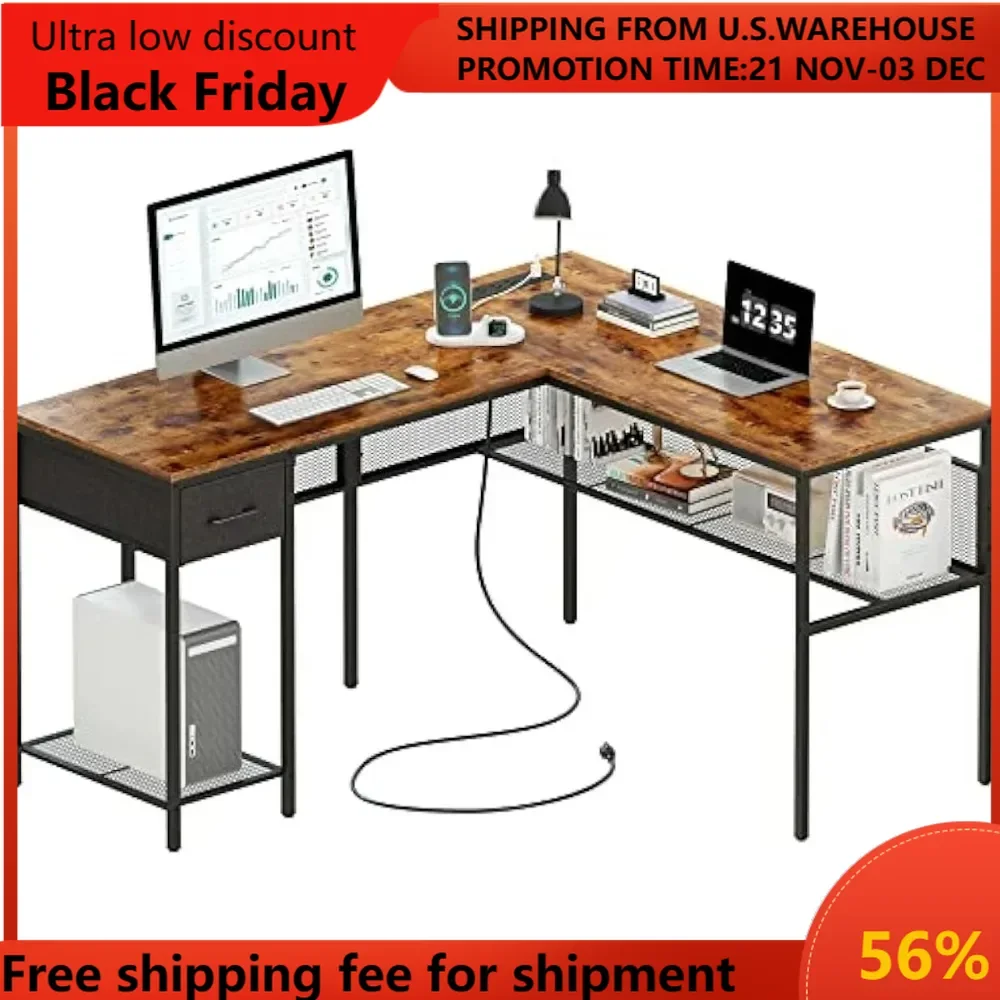 

L Shaped Desk with Power Outlets, Computer Desk with Drawer, Reversible Corner Desk with Grid Storage Bookshelf, Home Office