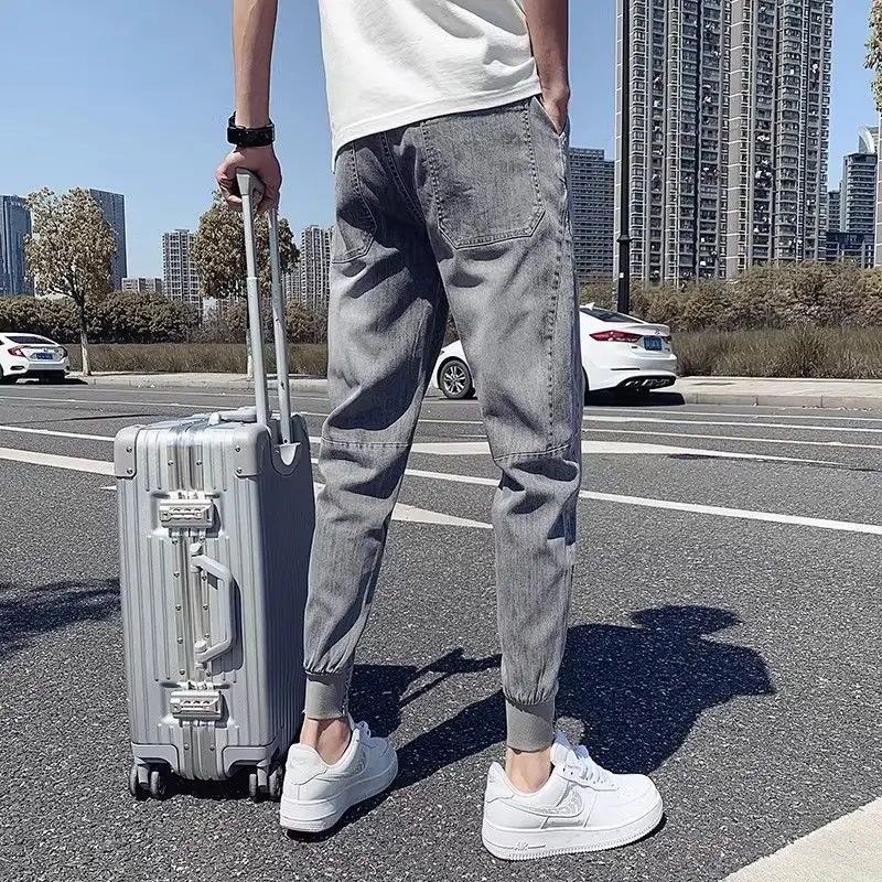 Pants Men's Spring and Autumn Denim Jeans Trendy Brand Slim-fit Skinny Pants Korean Versatile Casual Tie Work Haren Pants