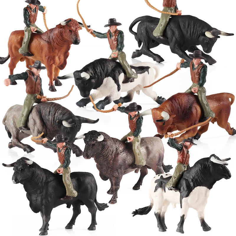 Oenux Realistic Bullfight Knight Cowboy Models Figurines Wild Animals Cattle OX Action Figures Collection Education Kids Toy