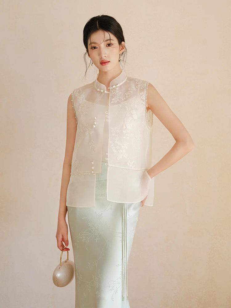 

Ele Embroidered Chinese Sle Vest Women's Faionable Summer High-end Precision Button Frontal Lapel Top ort Svel