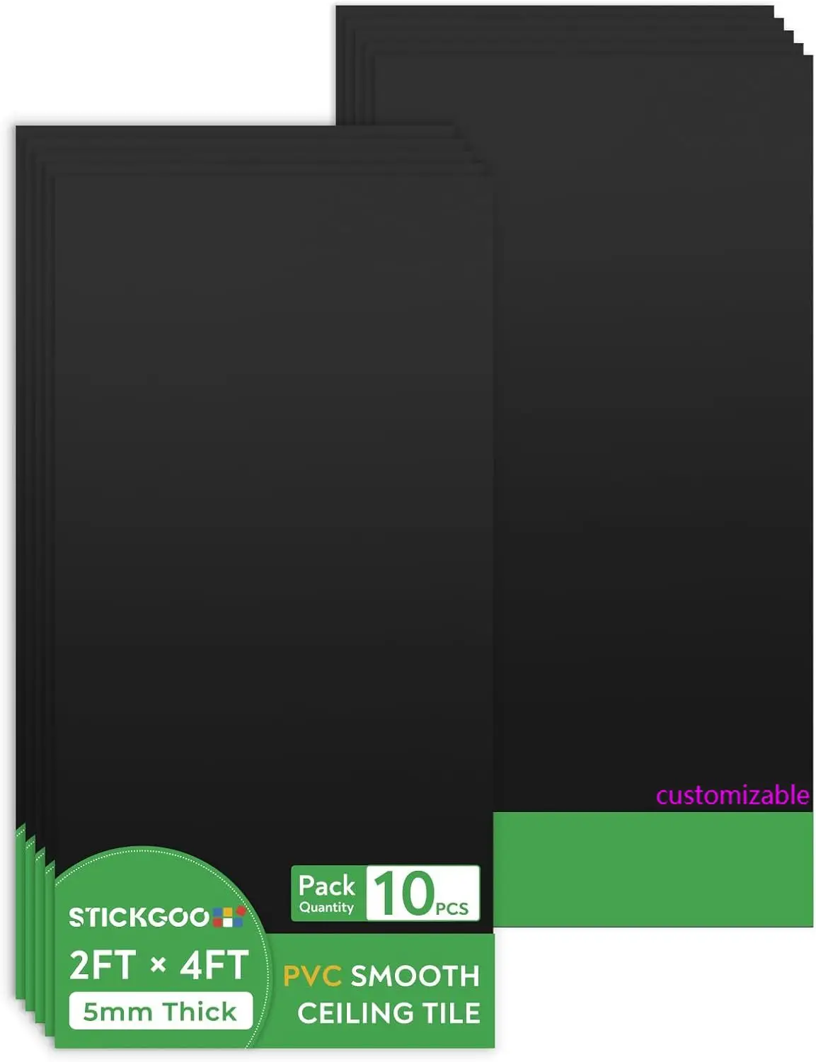 Black Ceiling Tiles 2ft x 4ft,Smooth PVC Ceiling Panel - Waterproof,Fire-Rated,No Breakage - Decor Coverings 24 x 48in - 10 Pack