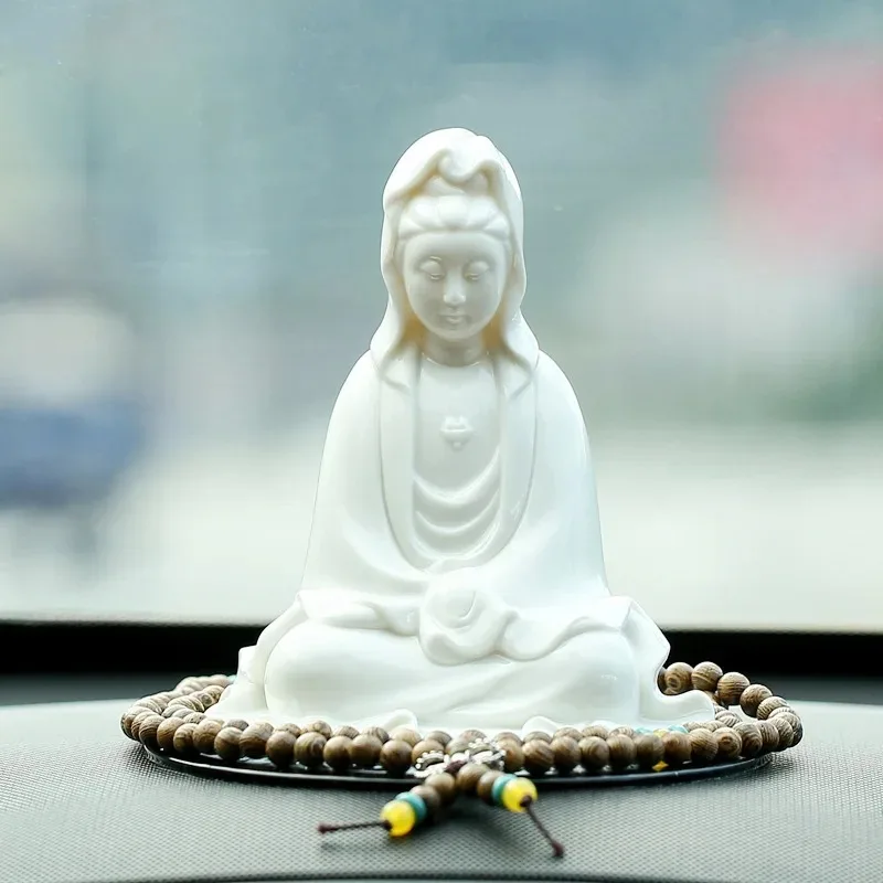 Ceramics Guanyin Buddhist figure ornaments，White porcelain High-end home living room bedroom car Feng Shui decorative statue