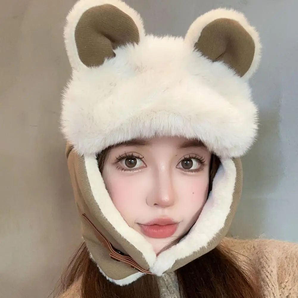 Women Warm Earmuffs Ear-flapped Hat with Cute Ears Super Soft Ultra-Thick Winter Cold-proof Warm Plush Hat Ski Hat