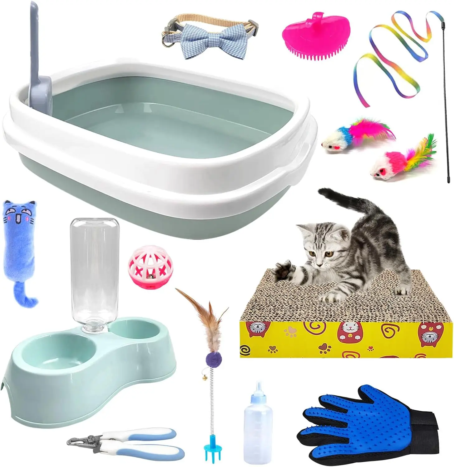 

Kitten Starter Kit - 15-Piece Essentials with Litter Box, Toys, Collar, Scratch Pad, Nail File, Automatic Feeder, Grooming Glove