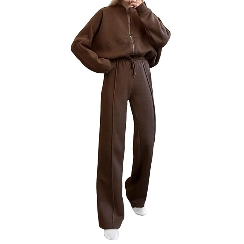 

CYL-Women's 2 Piece Outfits Oversized Sweatsuit Zip Up Long Sleeve Sweatshirt With Wide Leg Sweatpants