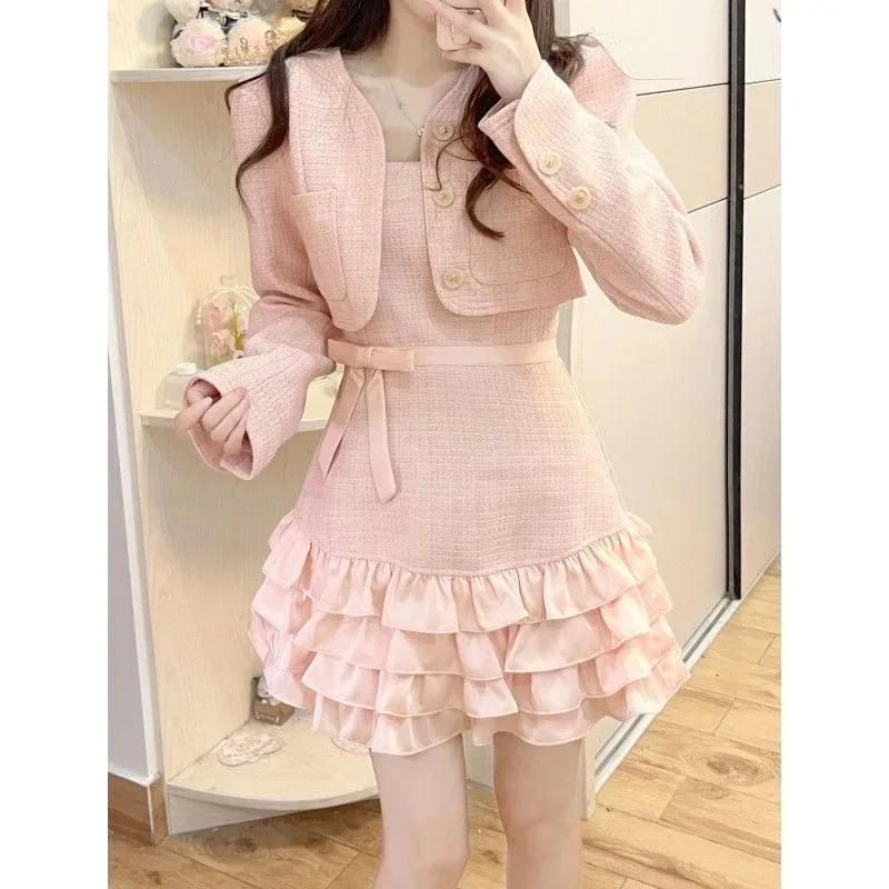 Korean Sweet V-neck Coat Strap Cake Dress Two Piece Set Women Fashion Flounce Splice Bow Solid Slim Chic Celebrity Spring Suit