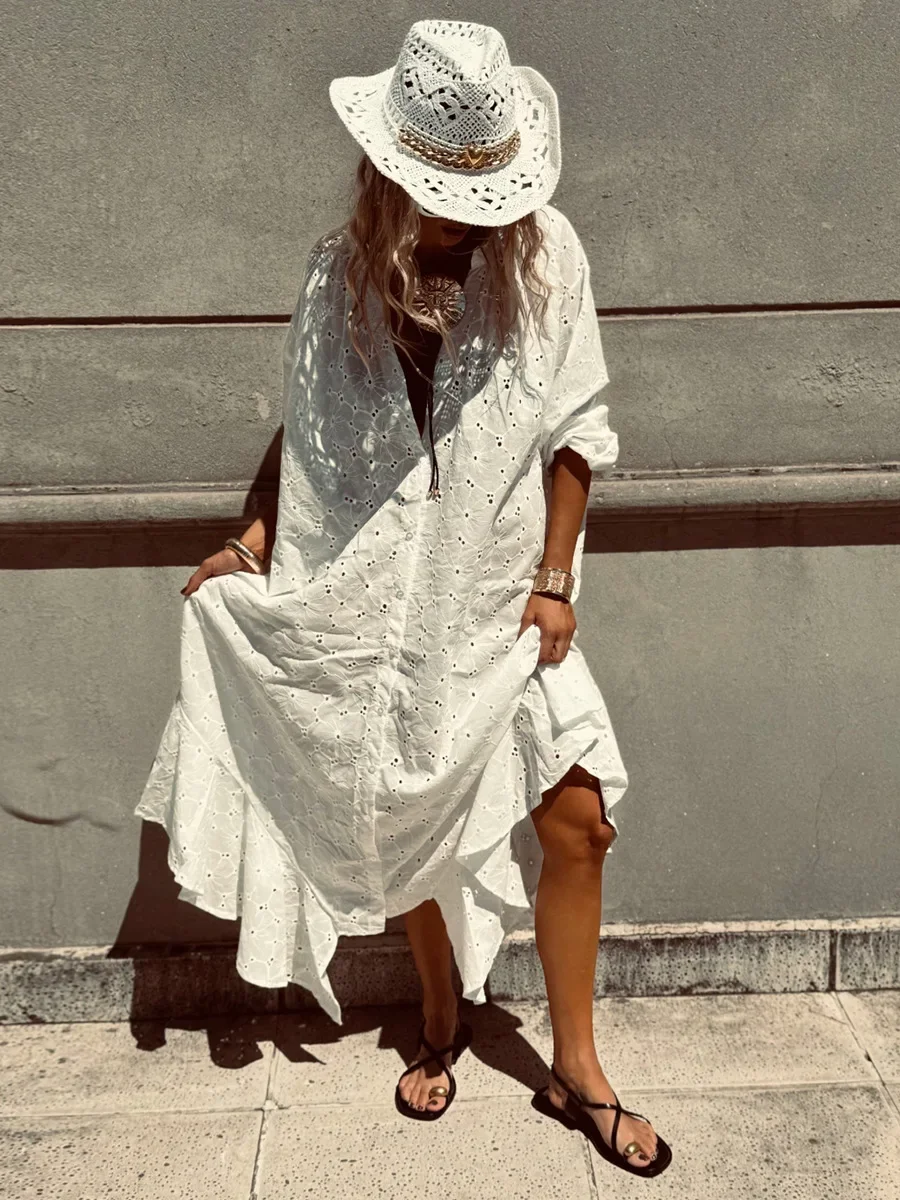 

2026 Summer New Flower Embroidery Lazy Loose Single Breasted Ruffle Edge Hollow Embroidery Dress