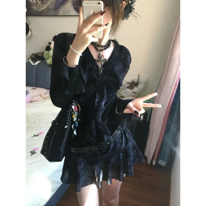 الخريف الرجعية الساخن فتاة نمط ثقافة فرعية تكدرت فستان التخسيس جديد مثير حزام انقطاع التعادل صبغ تنورة