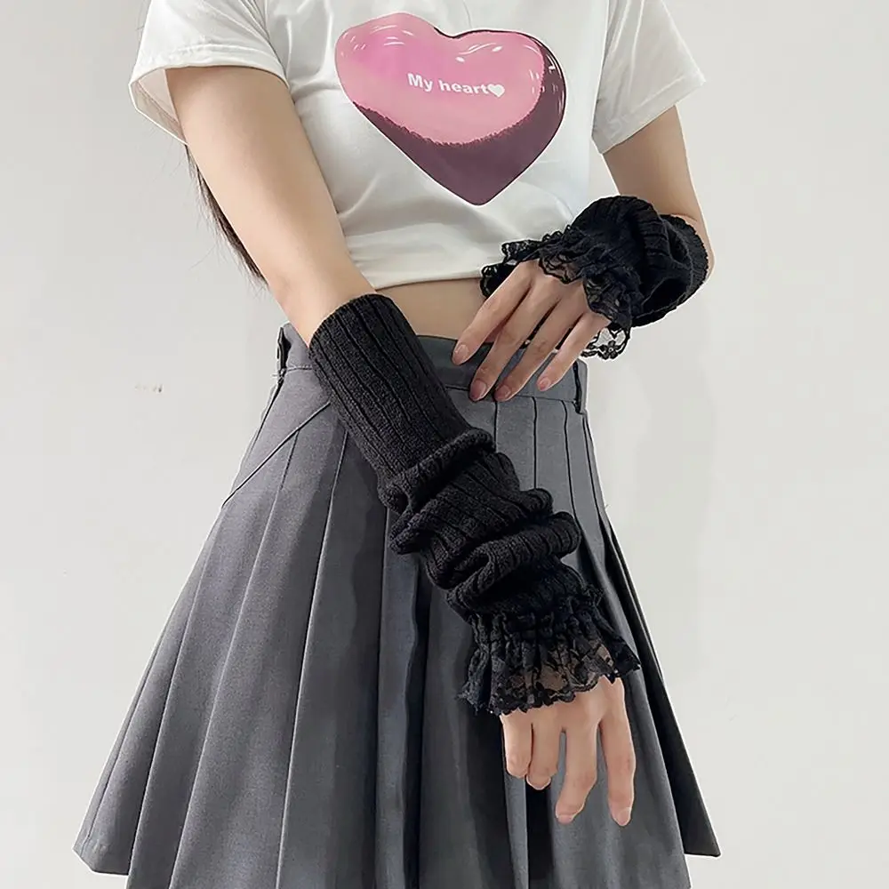Casual Lace Women Long Wrist Gloves Long Knitted Arm Warmers Knitted Gloves Japanese Korean Style Arm Warm Gloves Student
