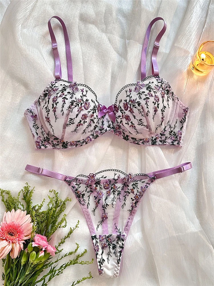 Sexy Bra Set for Women Lace Embroidery Fairy Seamless Underwear Floral Transparent Lingerie See Through Exotic Bra Brief Sets