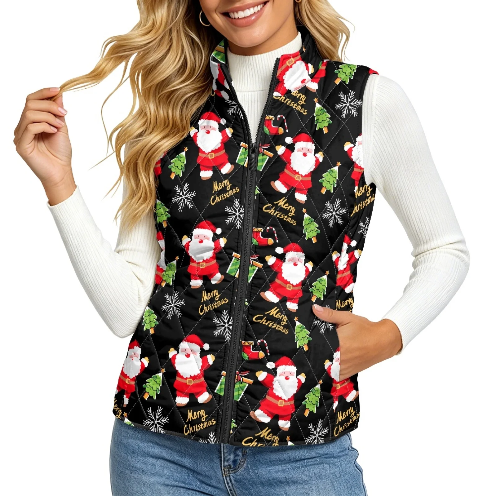 PENSTROLL Santa Claus Pattern Quilted Vest with Pockets, Quilted Gilet for Women Warm Casual Vest for Fall Winter Dog Walking