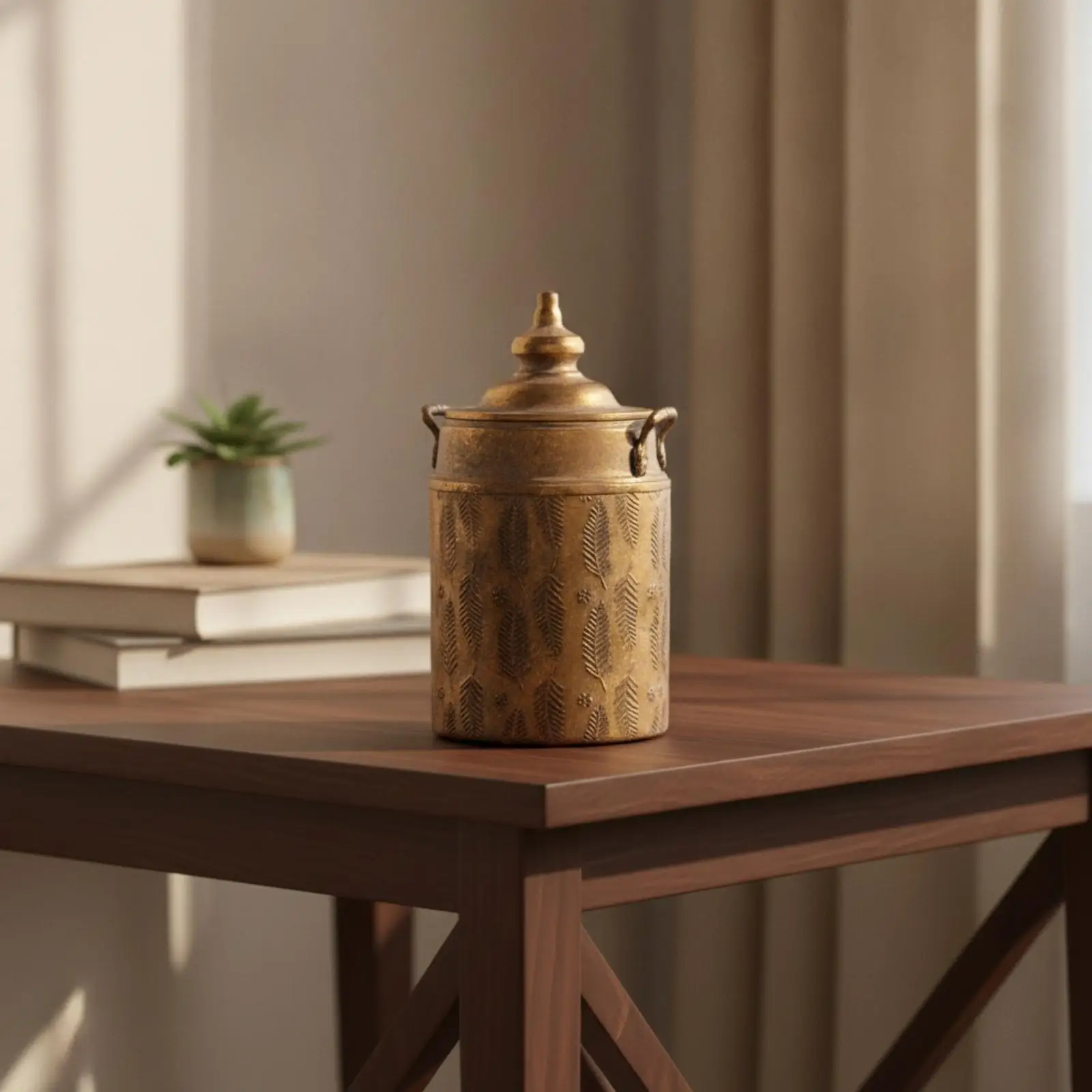 Antique Gold Metal Vase Cylindrical Lidded Jar with Leaf Pattern for Dried Floral Arrangements Rustic Room Accent