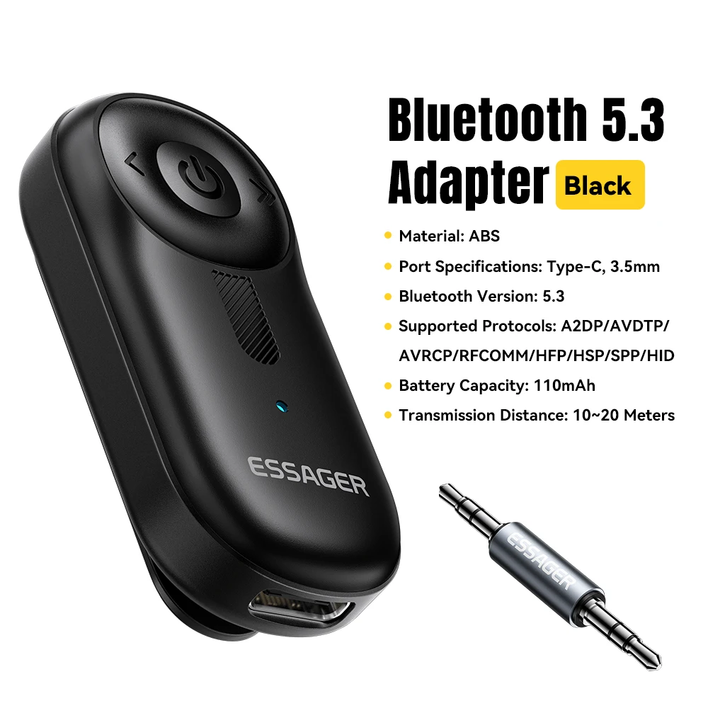 Essager Bluetooth 5.3 Adapter 3.5mm AUX Aansluitingen Voor Audio Muziek Ontvanger Auto Luidsprekers Headset Tablet Laptop Bluetooth Auto Ontvanger