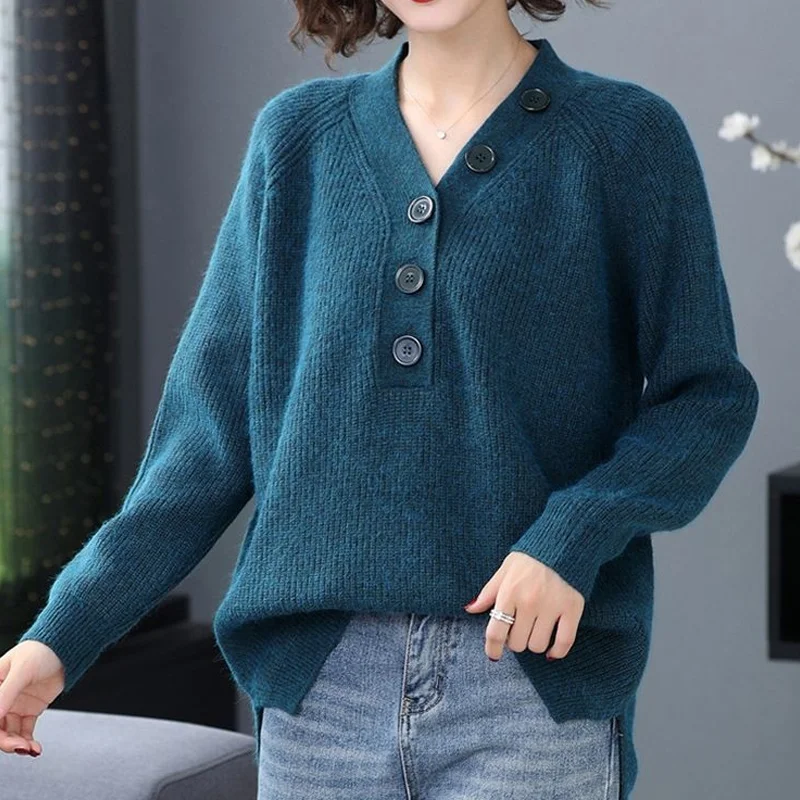 Spring Autumn New Button Patchwork Sweaters Long Sleeve V Neck Loose Solid All-match Pullovers Top Fashion Casual Women Clothing