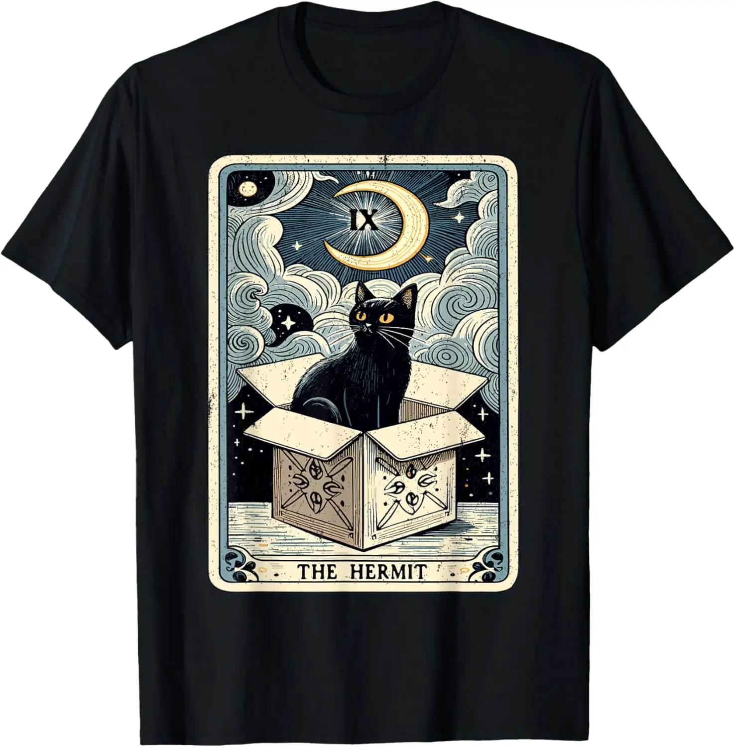 

The Hermit Black Cat Tarot Card Graphic Tee Mystic Moon Print Men Women Casual Short Sleeve T-Shirt