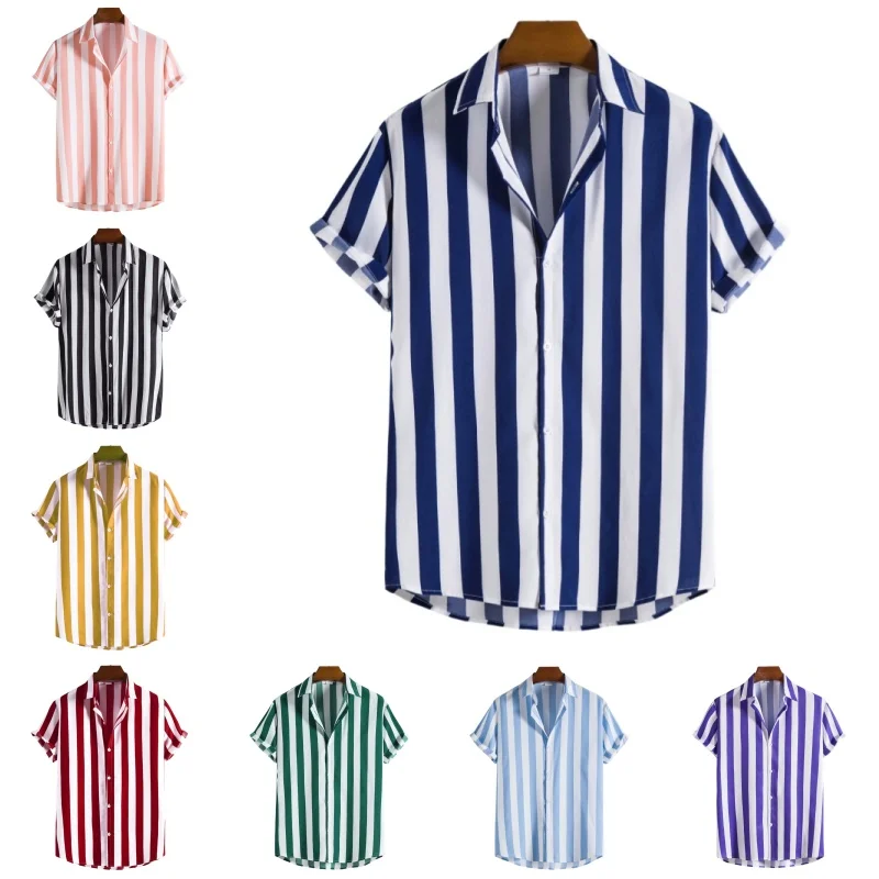 

Мужская приталенная рубашка с коротким рукавом с цифровым принтом в полоску с гавайским воротником, тонкая летняя модная городская повседневная рубашка из полиэфирного волокна