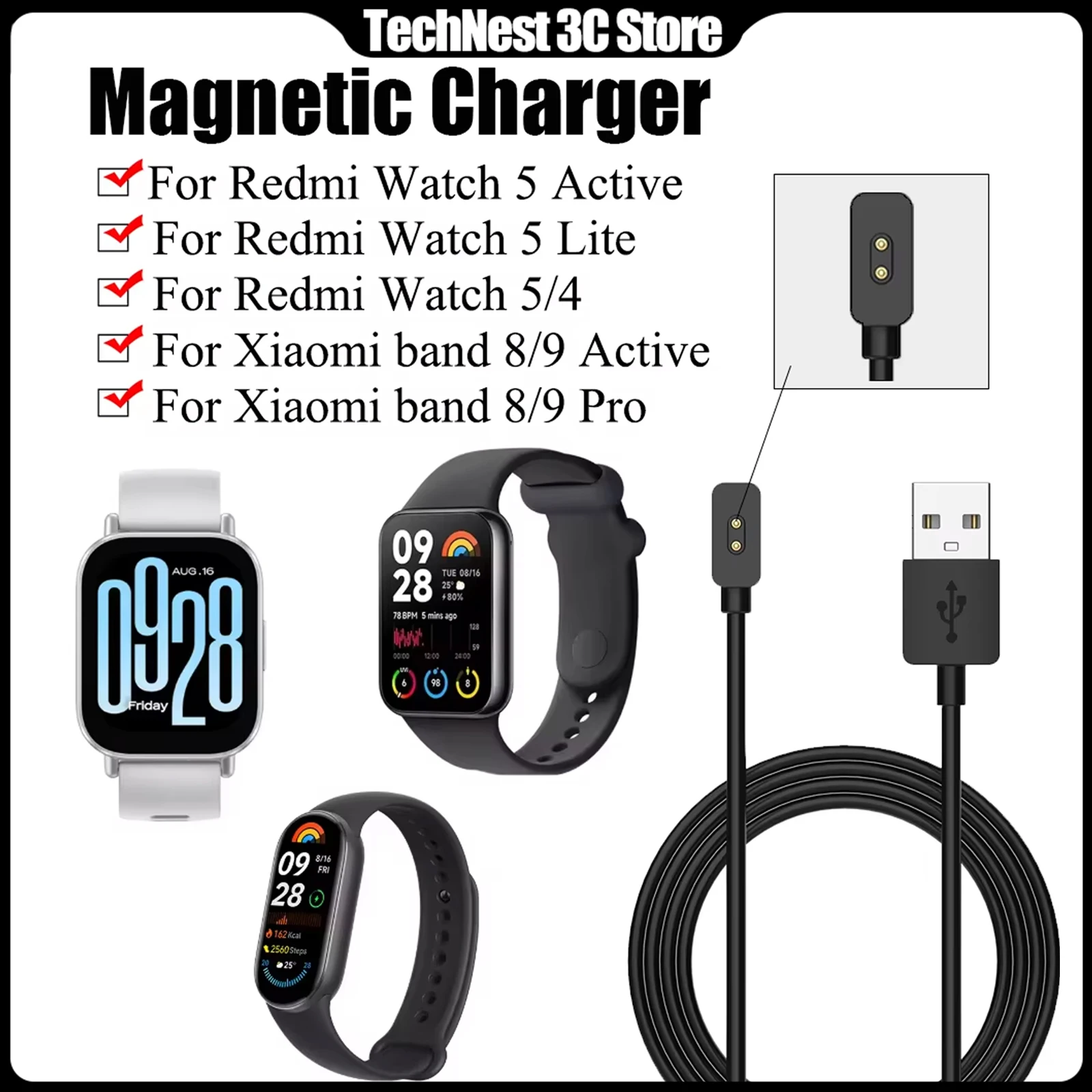 

Magnetic Charger For Redmi Watch 5 Active/Lite Mi Band 8/9 Pro Mi band 8/9 Active Universal USB Charging Cable Watch 4 100cm