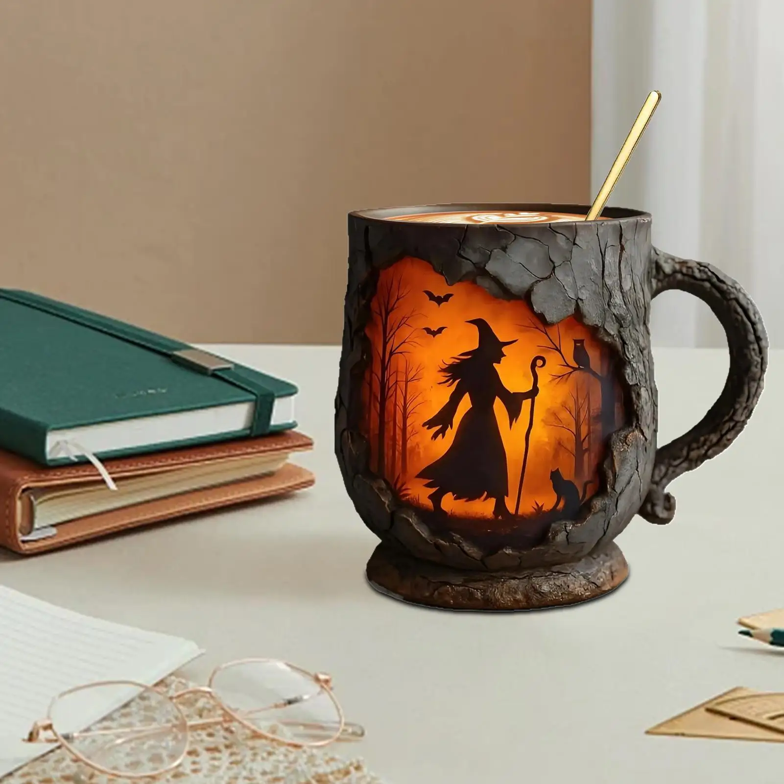 Funny Mug 386ml Witch Mug Witch With Fire Pattern 3D Tree Bark Texture Ergonomic Handle Cup For Friends Coworker Teacher