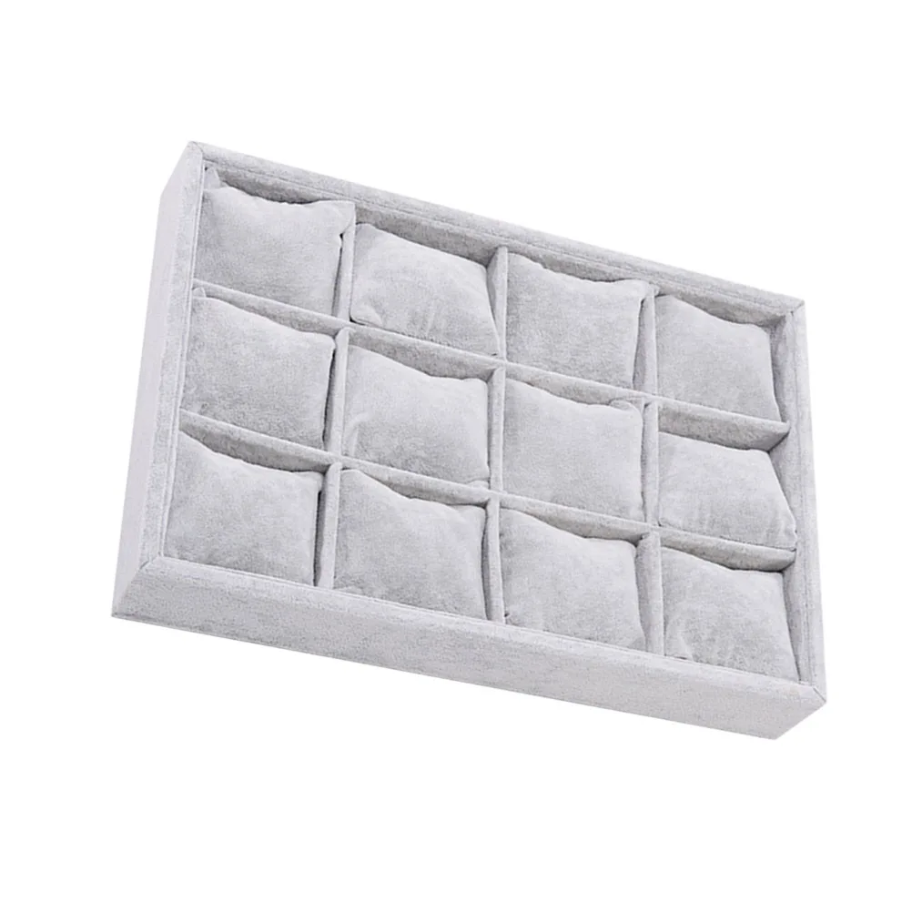 1Pcs Jewelry Display Tray Organizer Box Grey Composite Board Linen 12 Compartments Pillows Storage for Rings Watches Earrings