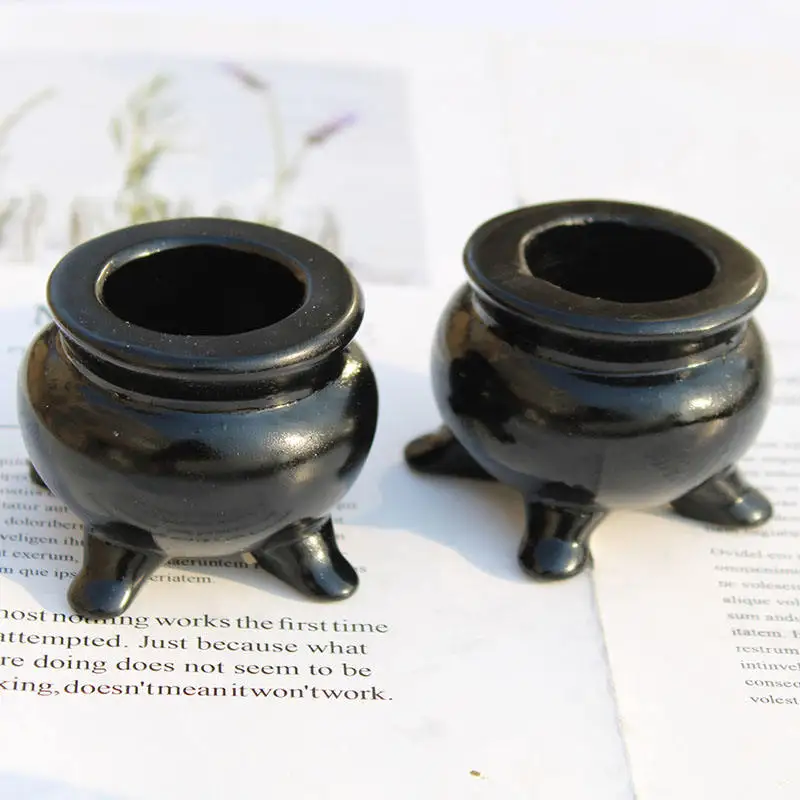 Hand Carved Natural Black Obsidian Crystal Small Witch Censer Cauldron Carving For Halloween Decoration