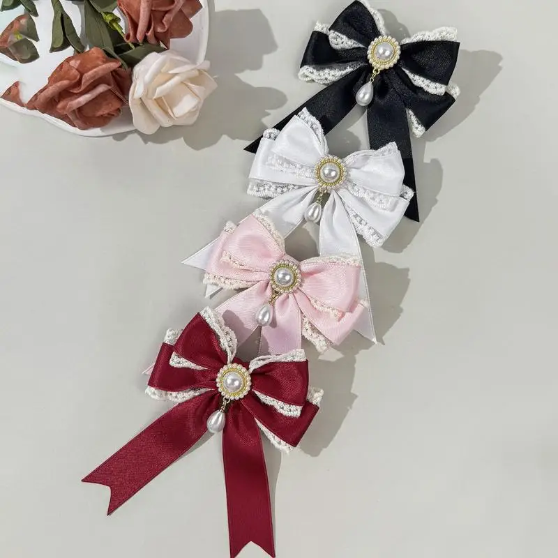 1pc Sweet Cute Pearl Lace Bow Hair Clip High-end Feminine Multi-color Satin Lolita Hair Accessory Fashionable Back Headwear