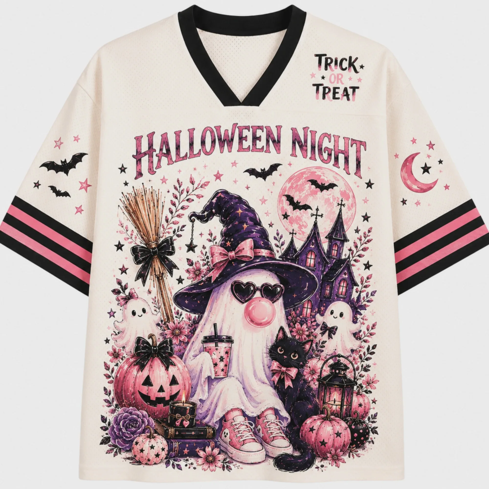 Cute Pink Ghost Halloween Night Print Unisex Short Sleeve Tee, Spooky Graphic Loose Tee for Halloween Party Casual Daily Wear