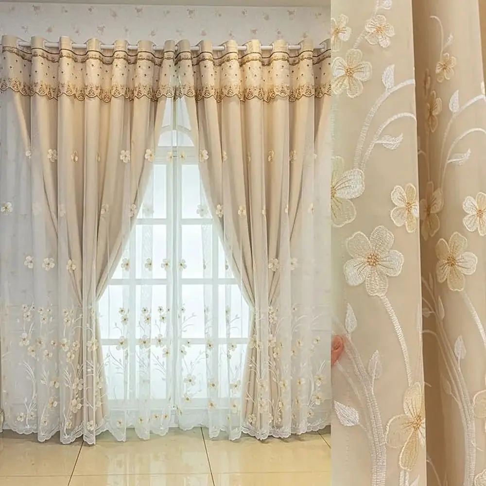 1 Panel 132cm Width Double Layer Curtain with Valance for Girls Room Living Room Luxury Flower Embroidered Curtain