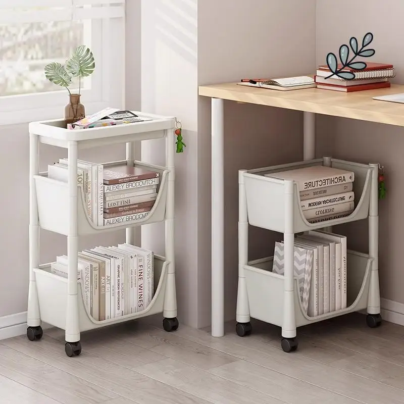 Bookshelf rack floor-mounted pulley movable trolley next to desk simple bookcase tableside book storage