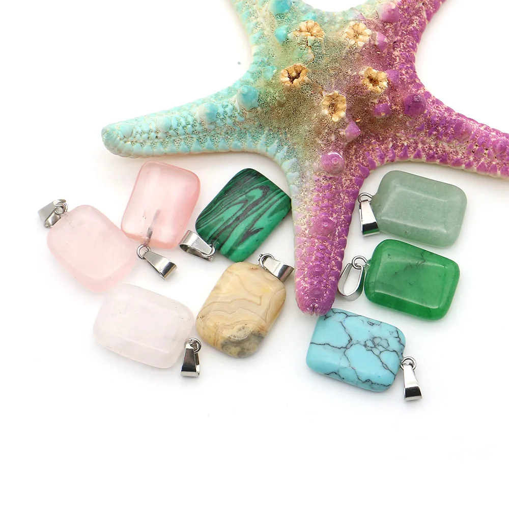 

Rectangular Polished Natural Stone Pendant 15x23mm Malachite Rose Quartz Single Hole Charm Handmade Jewelry Accessory 5pcs/pack