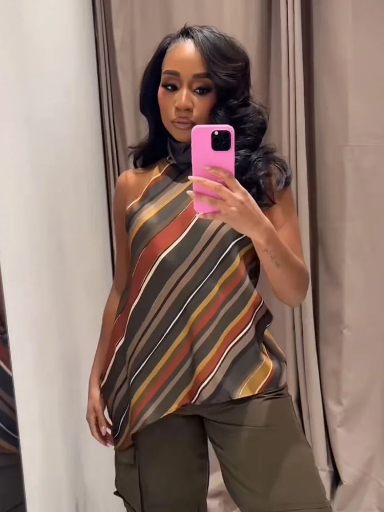 

HH Fashion Female Slim High Street Top Women Multicolor Stripes Sleeveless Elegant Top Summer Sexy Chic Asymmetric Short Top